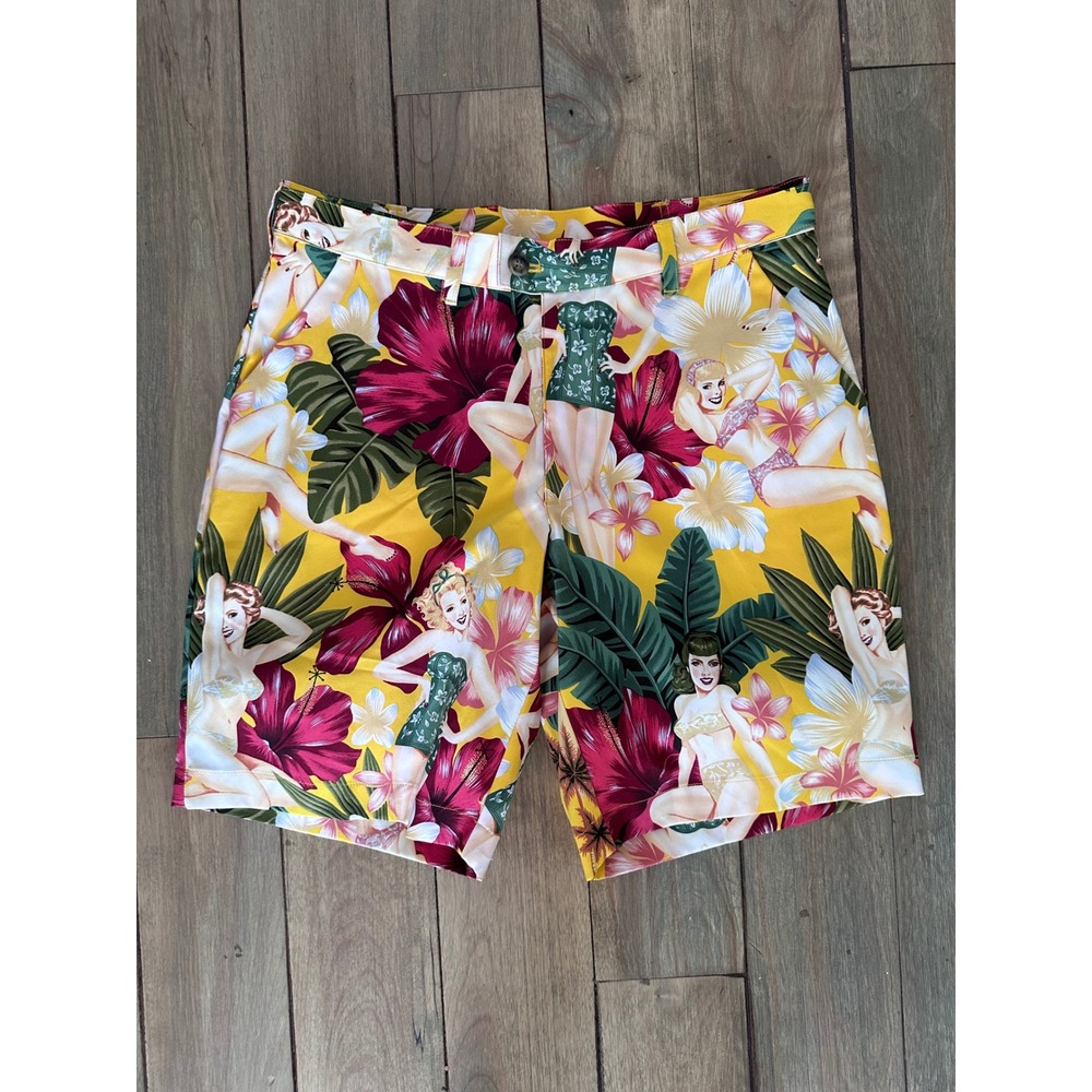 Loudmouth Golf Shorts Mens 32 Yellow Hawaiian Pin Up Girl Tropical Hibiscus